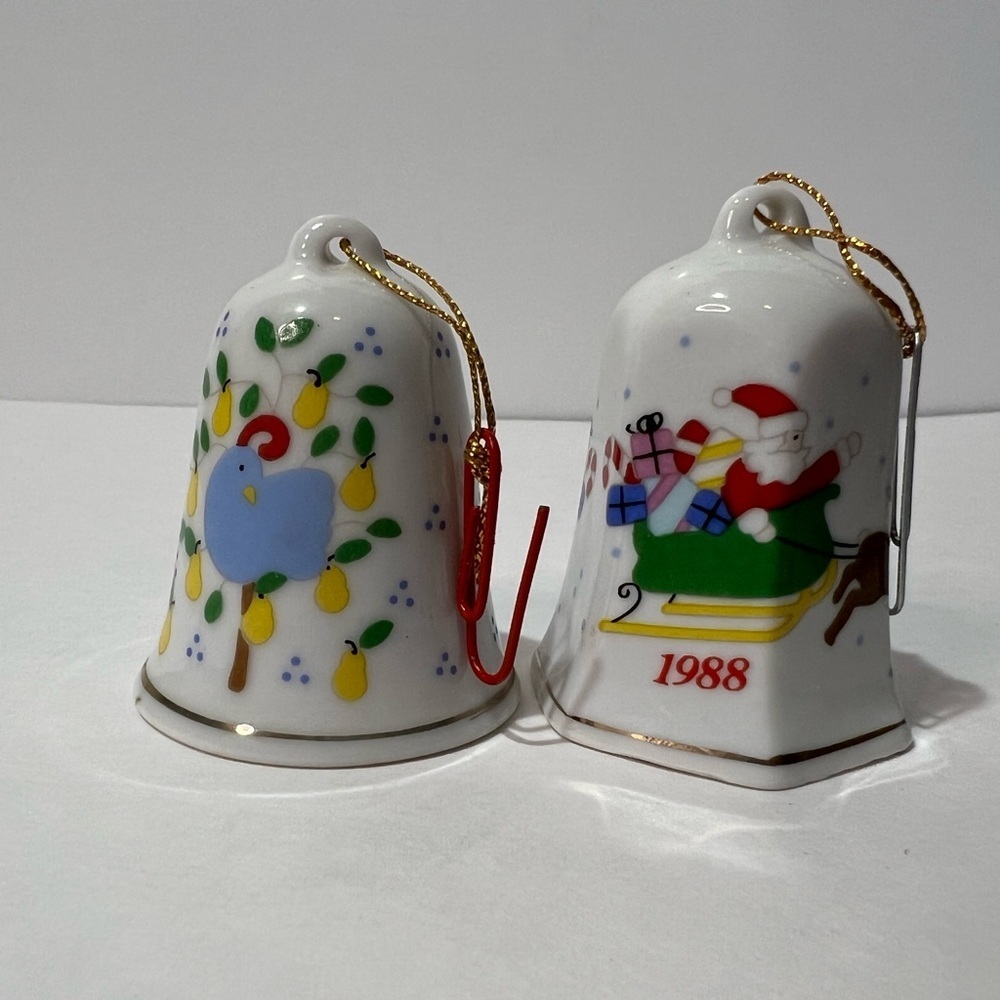 VTG Lot of 2 Lillian Vernon 1988 Christmas Bell Ornaments Santa Sled Partridge